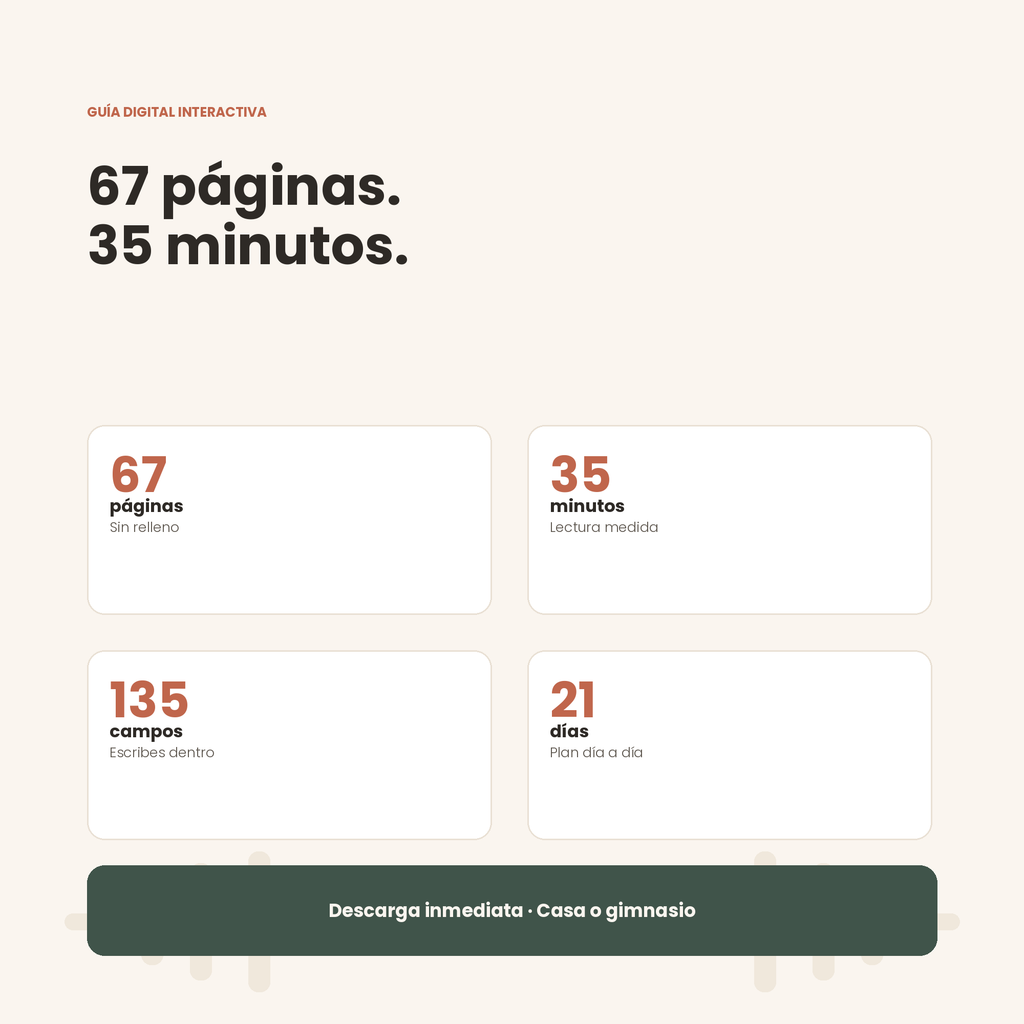 Datos de la guía para hombres: 75 páginas, 35 minutos de lectura, 195 campos para escribir dentro, plan de 21 días y bloque de 12 semanas