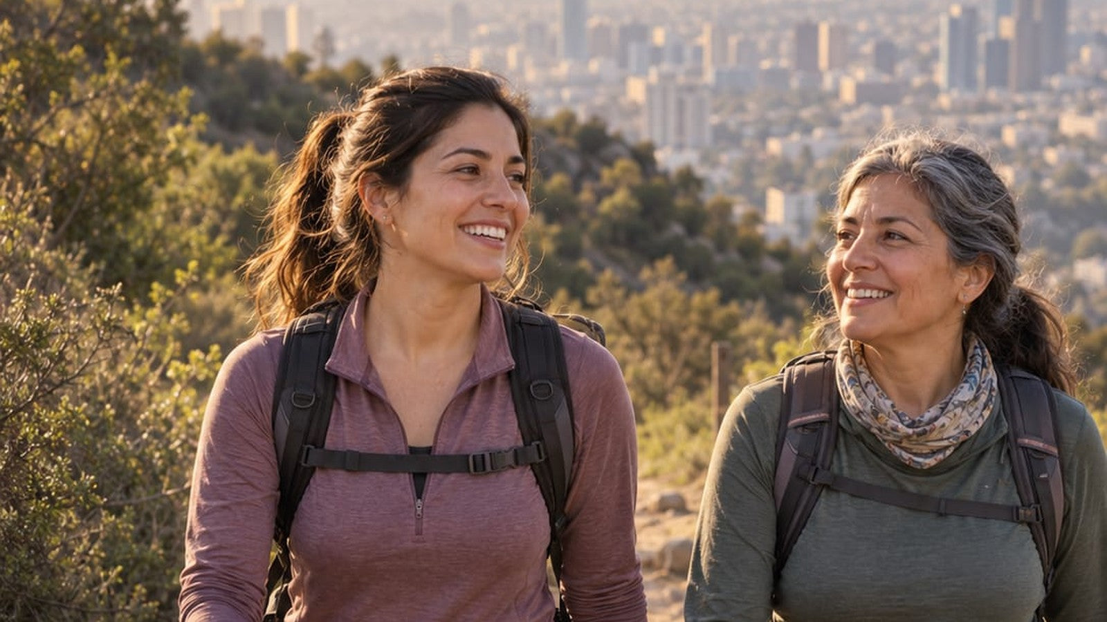 Dos mujeres caminando por un cerro al atardecer, con la ciudad de fondo